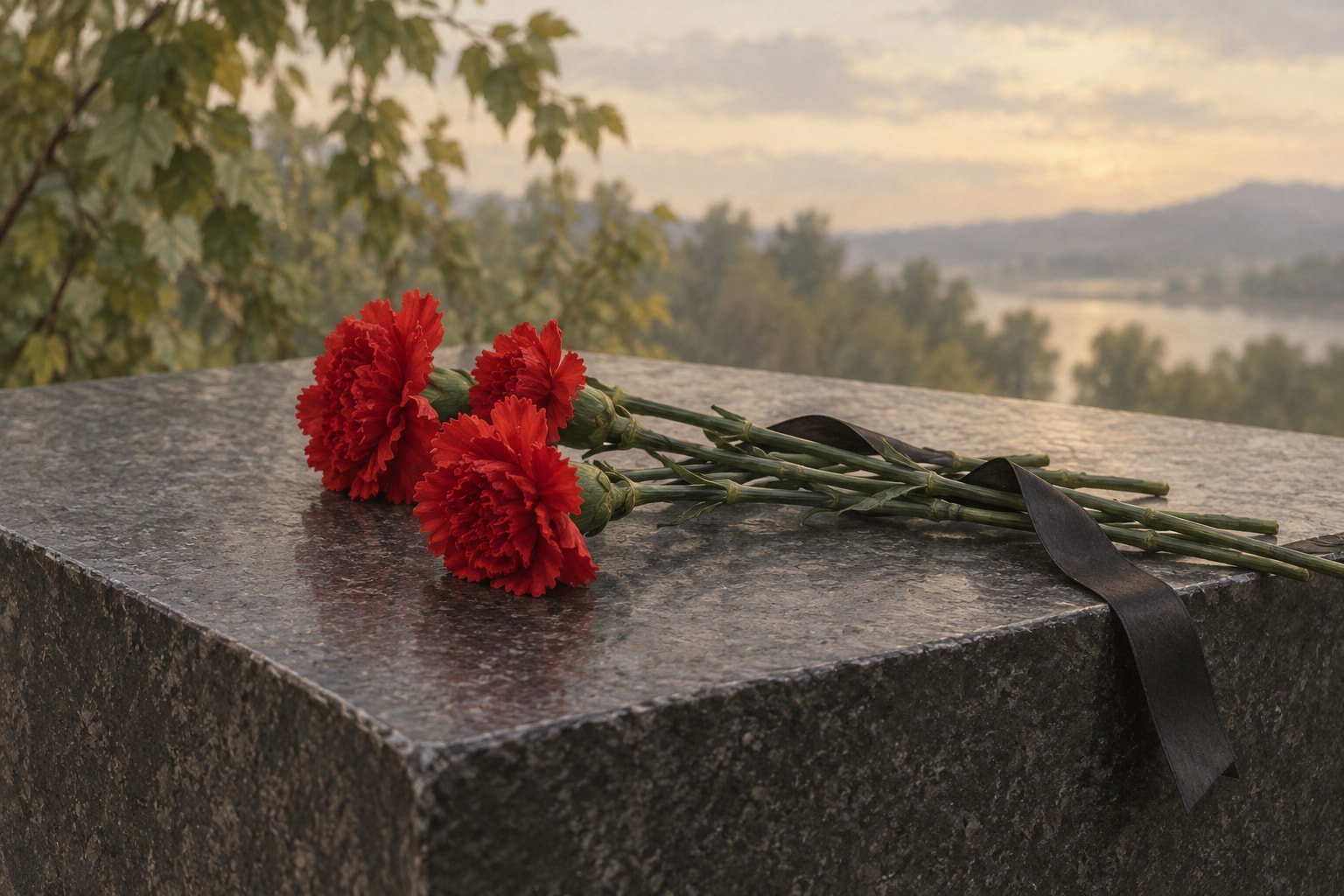 Символическая иллюстрация памяти павших: красные гвоздики на камне. Image Gen, не фотография церемонии в Назии.
